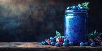 Freshly prepared berry smoothie in a jar displayed on rustic wooden table with vibrant blueberries and blackberries photo