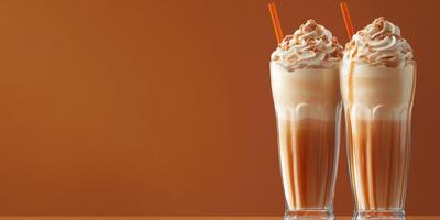 Creamy milkshakes served in tall glasses with whipped topping and caramel drizzle at a summer gathering photo