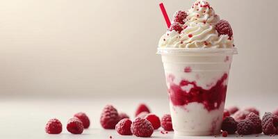 Delicious raspberry swirl dessert topped with whipped cream in a cup on a light background photo