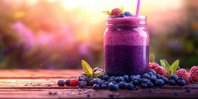 Delicious berry smoothie in a jar surrounded by fresh fruit at sunset photo