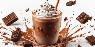 Delicious chocolate milkshake topped with whipped cream and surrounded by chocolate chunks photo
