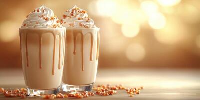 Delicious dessert drinks with whipped cream and caramel drizzle on a wooden table in warm ambient light photo