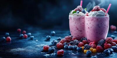 Refreshing raspberry and blueberry smoothies with whipped cream garnished with colorful fruits in a dark setting photo