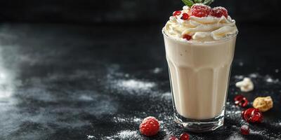 Creamy dessert shake topped with fresh raspberries and whipped cream on a dark table photo