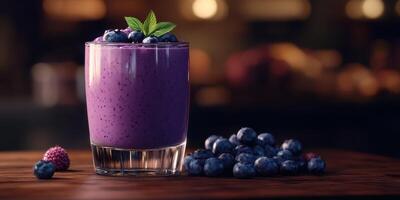 Refreshing berry smoothie served in a clear glass on a wooden surface, showcasing vibrant colors and fresh ingredients photo