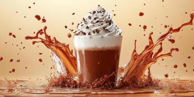 Rich chocolate drink splashes in a cup with whipped cream and chocolate shavings in a vibrant setting photo