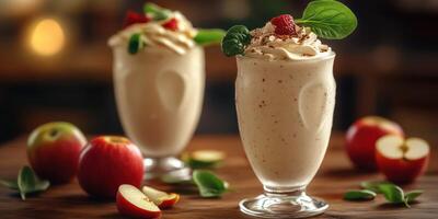 Creamy fruit smoothies decorated with raspberries and fresh spinach on a wooden table photo