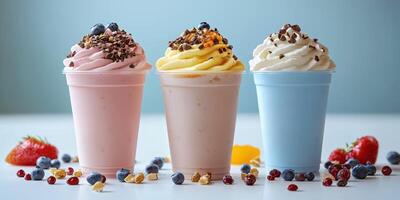 Three colorful cups filled with creamy frozen desserts topped with fruits and chocolate on a light background photo