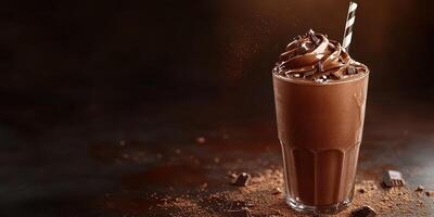 Creamy chocolate shake with whipped topping and straw served in a tall glass with chocolate shavings photo