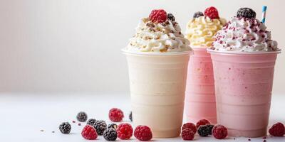 Delicious milkshakes topped with whipped cream and fresh berries in bright setting photo