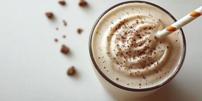 Delicious creamy beverage topped with froth and sprinkled with cocoa photo