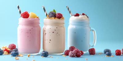 Refreshing berry smoothies with whipped cream and fruit garnish on a bright blue background photo