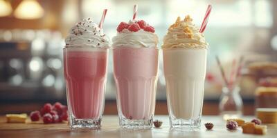 Refreshing milkshake varieties topped with whipped cream and fruits in a casual dining setting photo
