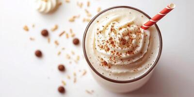 Creamy beverage topped with whipped cream and spices in a clear glass near coffee beans and garnishes photo