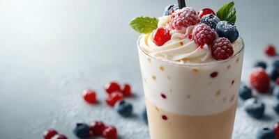 Delicious dessert drink topped with fresh berries and mint in a cozy cafe setting photo