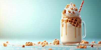 Delicious dessert drink with whipped cream and waffle pieces on a bright blue background during the afternoon photo