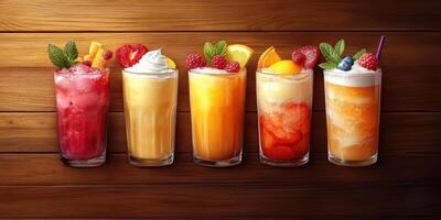 Colorful summer beverages displayed on a wooden table at a lively outdoor gathering during the warm afternoon photo