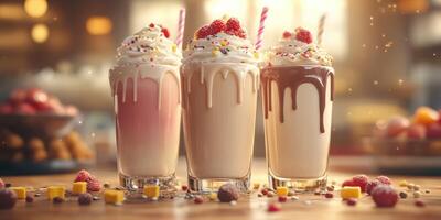 Three colorful milkshakes with cream and toppings on a wooden table in a cozy cafe during afternoon photo