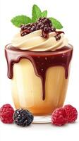 Decadent dessert featuring whipped cream, chocolate sauce, and fresh berries on a warm afternoon photo
