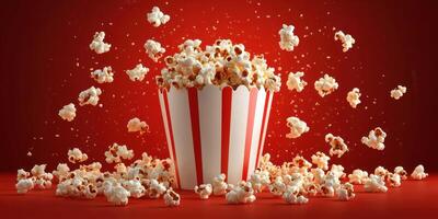 Popcorn bursts from a large striped container against a vibrant red background during a lively celebration photo