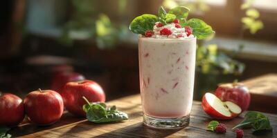 Delicious smoothie with raspberries and spinach served in a tall glass on a wooden table photo