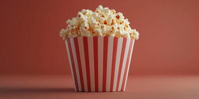 Delicious popcorn served in a striped container ready for a movie night at home or theater photo