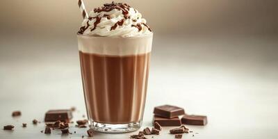 Delicious chocolate milkshake topped with whipped cream and chocolate shavings in a glass on a light background photo