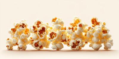 Popcorn in various shapes lined up against a plain background for a creative display photo