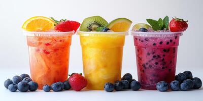 Refreshing fruit drinks in colorful cups garnished with fresh berries and citrus on a light background photo