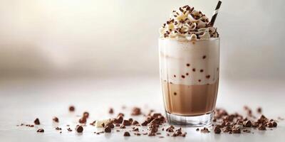 Whipped chocolate dessert beverage garnished with cream and chocolate shavings in a glass on a light background photo