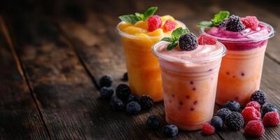 Refreshing fruit smoothies in clear cups resting on rustic wooden table with berries and mint leaves photo