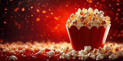 Warm and fluffy popcorn fills a vibrant red container, surrounded by scattered kernels and a shimmering background photo