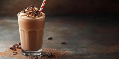 Delicious chocolate milkshake with whipped cream and chocolate shavings on a rustic table photo