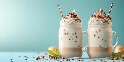 Creamy chocolate milkshakes topped with whipped cream and crushed nuts set against a vibrant blue background photo