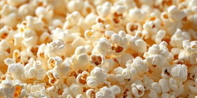 Popcorn kernels freshly popped and ready to enjoy during movie night at home with family and friends photo