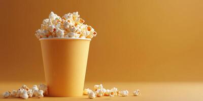 Popcorn overflowing from a yellow cup on a bright orange background creating a playful and cheerful atmosphere in a snack setting photo