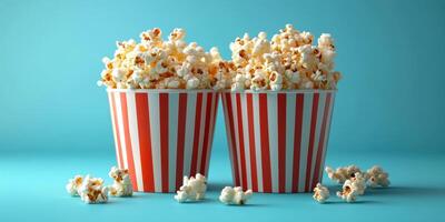 Freshly popped popcorn in striped containers on a bright blue background perfect for movie nights photo