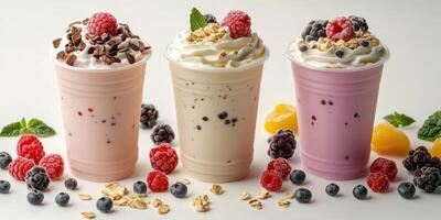 Colorful smoothie cups with fresh fruits and toppings on a bright background photo