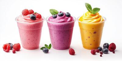 Refreshing summer smoothies with vibrant colors and fresh fruits in clear cups photo