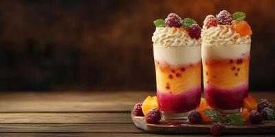 Delicious fruit parfaits topped with whipped cream and fresh berries served on a wooden table photo