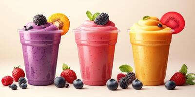 Colorful fruit smoothies arranged beautifully with fresh berries displayed alongside in a soft, neutral background photo