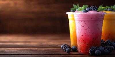 Refreshing colorful drinks in clear cups with fruits on a wooden table during warm evening photo