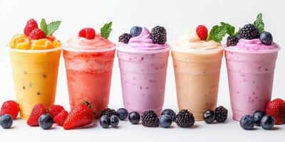 Refreshing fruit smoothies arranged in colorful cups with fresh berries and mint garnishes photo