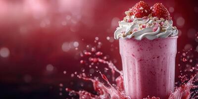 Delicious strawberry milkshake with whipped cream and toppings splashing in vibrant background photo