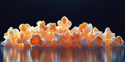 Popcorn scattered on a reflective surface beautifully illuminated against a dark backdrop photo