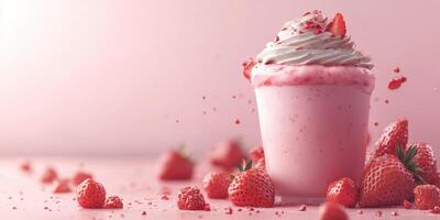 Delicious strawberry milkshake topped with whipped cream and fresh strawberries on a pink background photo