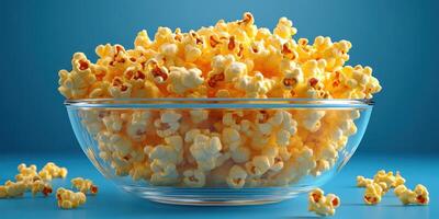 Freshly popped popcorn fills a clear bowl against a vibrant blue background, perfect for movie nights or snacking photo