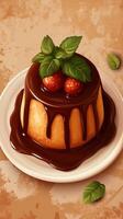 Delicious dessert featuring a rich chocolate sauce on a creamy pudding with fresh strawberries and mint leaves photo