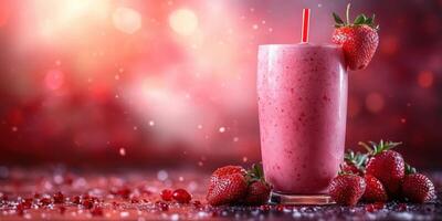 Refreshing strawberry smoothie served in a tall glass with fresh strawberries on a vibrant, illuminated background photo