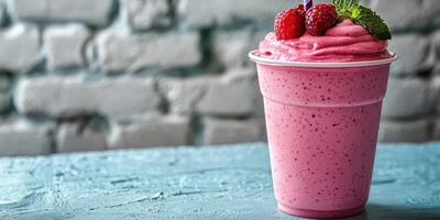 Refreshing raspberry smoothie served in a cup with a garnish of mint leaves on a textured surface photo